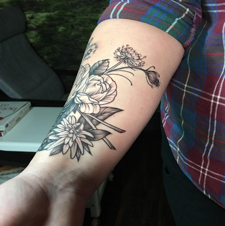 Tattoos - Black and Gray Floral Forearm Cuff. Instagram @MichaelBalesArt - 125163